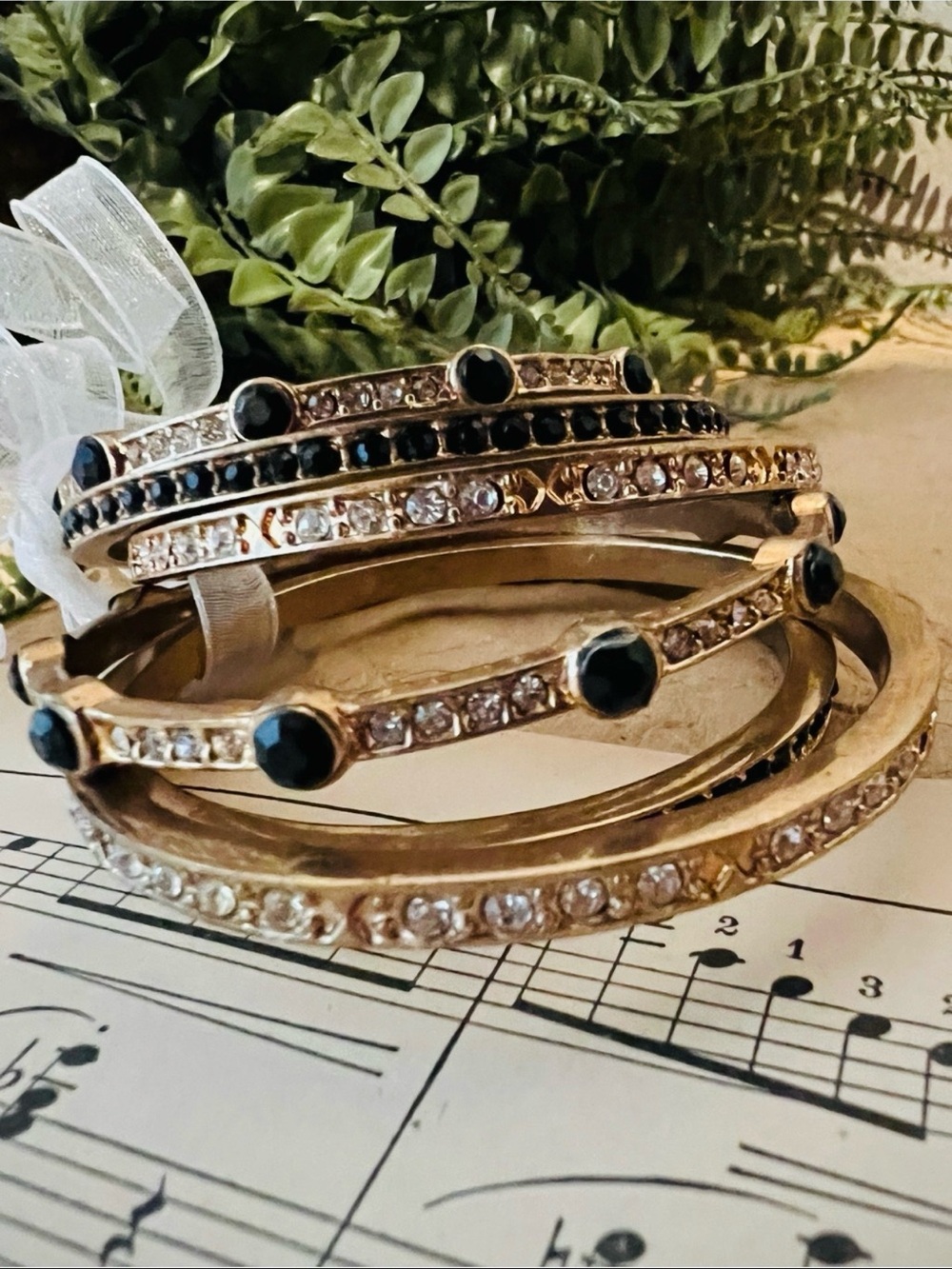 Six Rhinestone Bangle Bracelets Goldtone with Black & Clear Crystals